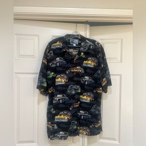 Bluewater AFTCO‎ Antique Cars Sharks Short Sleeve Button Shirt Lg Black Colorful